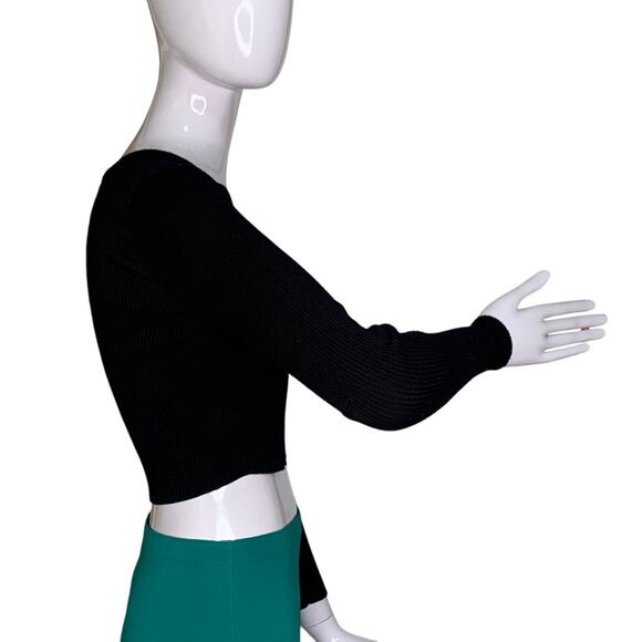 Forever 21 Crop Top Ribbed V-Neck Long Sleeve Black Faux Wrap Size M - Picture 4 of 8